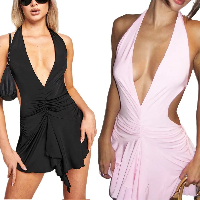 

Women Deep V Neck Sleeveless Short Dress Y2k Elegant Halter Backless Bodycon Mini Dress Sexy Cutout Open Back Club Party Dresses