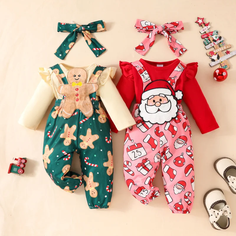 

2025 Newborn Baby Kids Christmas Clothes Sets for Girls Boys Clothing Children's Santa Jumpsuit Top+Solid Color Overalls Suit