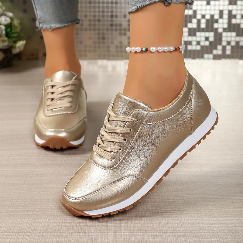 Fashion Lace Up Golden Sneakers Women 2026 Autumn Plus Size 43 Non Slip Tennis Female Comfortable Soft Sole Pu Leather Sneakers