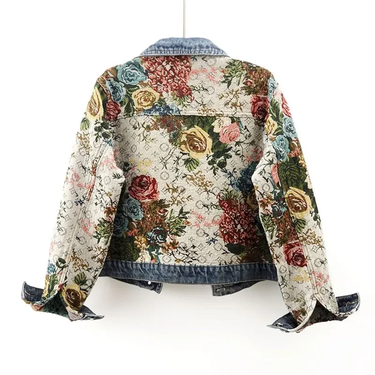 Printed Patchwork Lapel Denim Coat Women Long Sleeve Spring Autumn Jacket Fashion Vintage Short Outerwears Single Breasted Coats