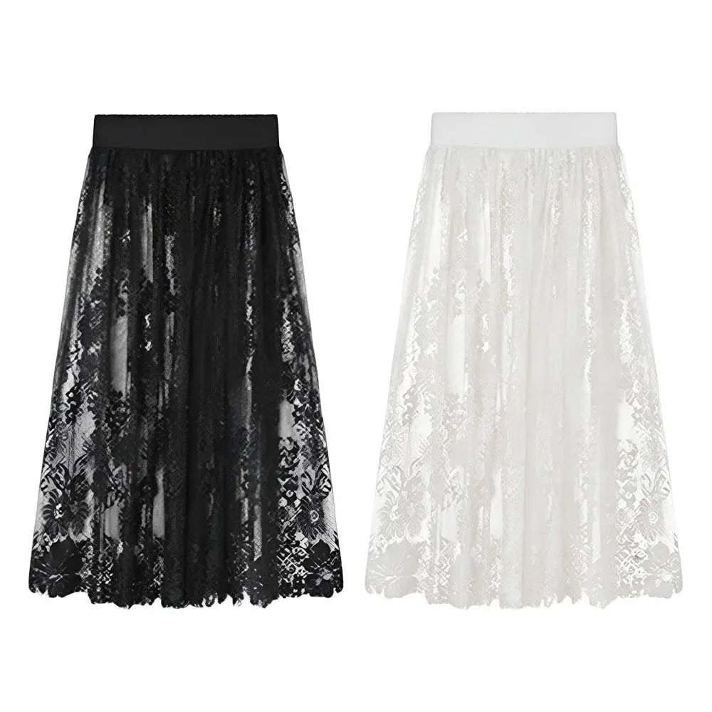 Elegant Thin Ice Silk Long Skirt Lace Mesh Flower Underskirt Pure Color High Waist Elastic Midi Skirt for Summer