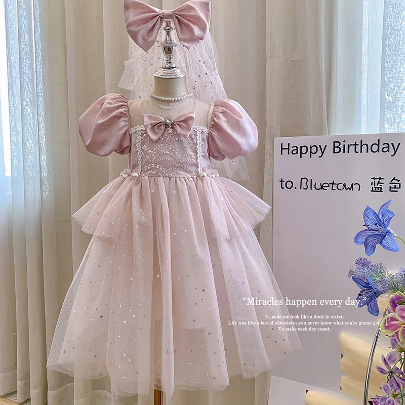 

Mesh Patchwork Dress Summer Temperament Solid Color Bubble Sleeves Large Skirt Bow Princess Mesh Fluffy Dress