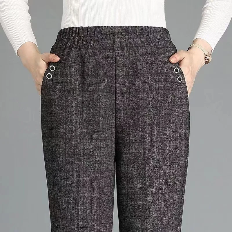 Pantaloni casual a gamba dritta a vita alta per donne di mezza età e ly Pantaloni da mamma con motivo scozzese larghi foderati in Fce