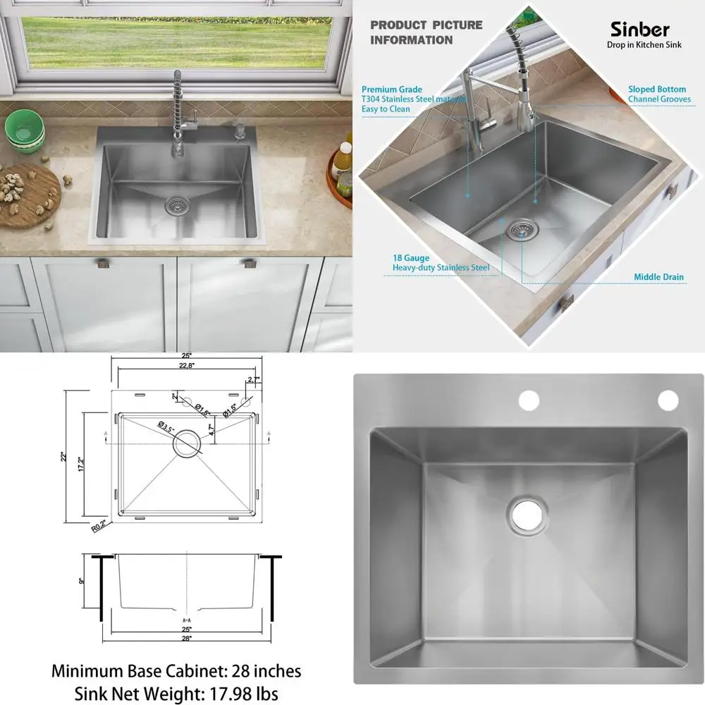 

Single Bowl Drop-In Kitchen Sink, 25x22x9, 18 Gauge 304 Stainless Steel, Satin Finish, Durable and Stylish Design