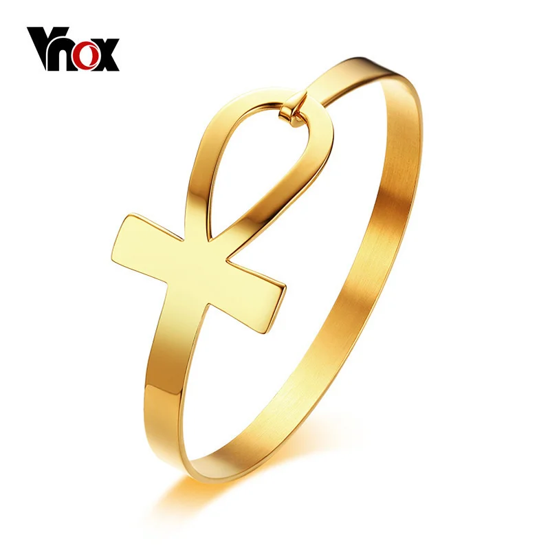 Vnox Ankh Cross Bracelet for Women Stainless Steel Key of Life Bangle Bracelet Female Egypt Religious Jewelry 2.3\