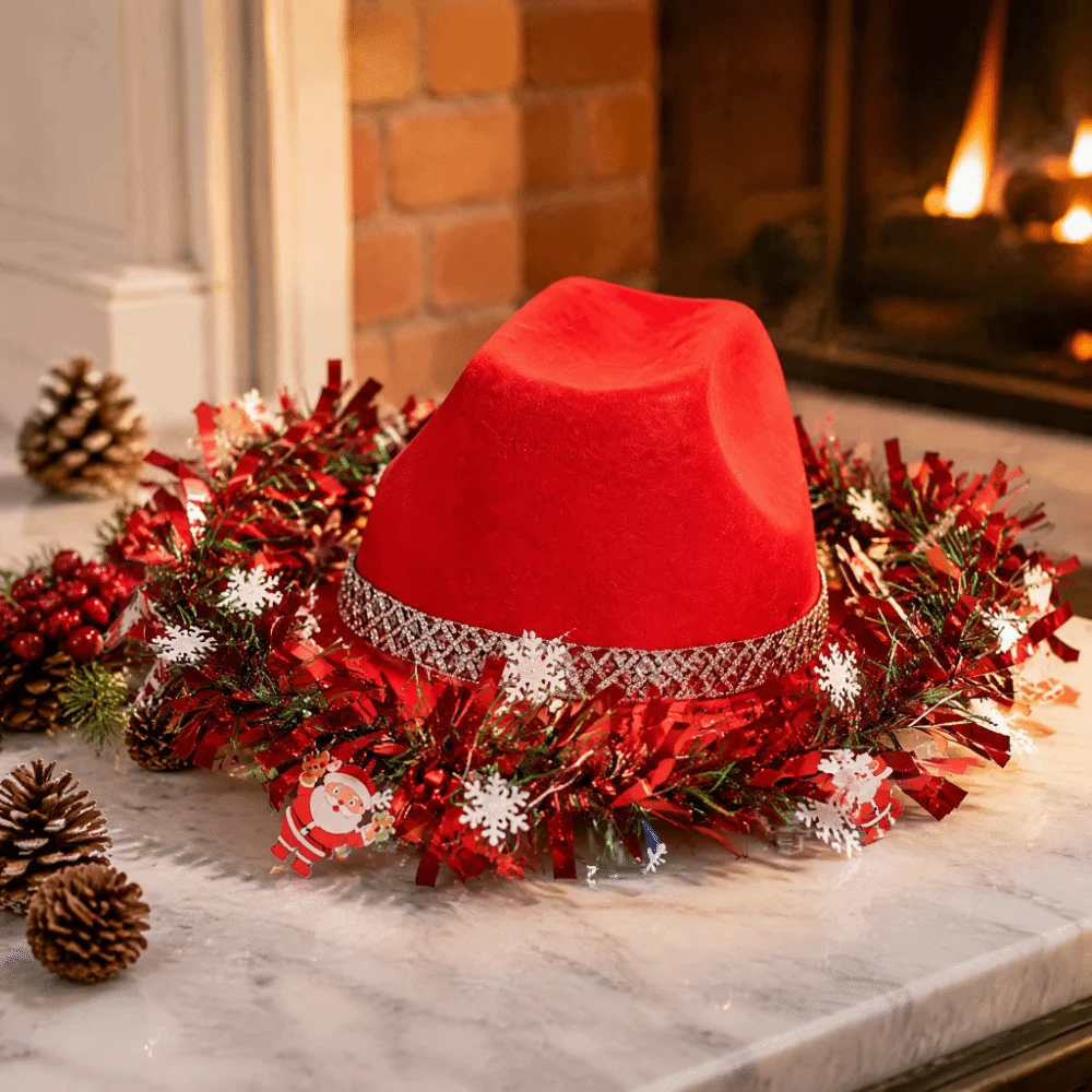 Ribbon Decoration Christmas Cowboy Hat Vintage Snowflake Western Hat Sunscreen Santa Claus Design Jazz Hat Stage Performance