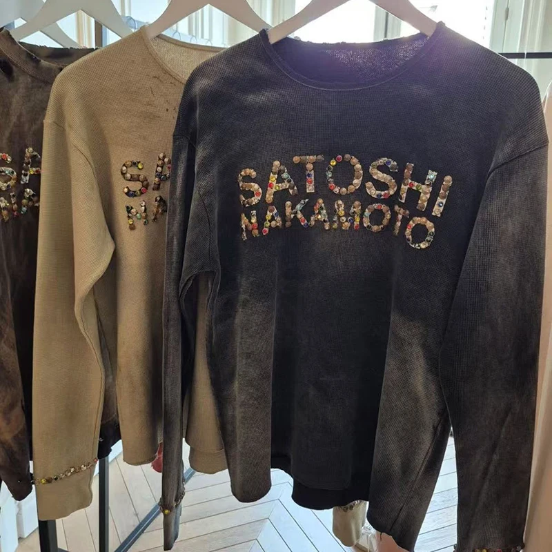 Satoshi America Styles New Waffle Long Sleeve T-shirt Washed Apricot Black Beading Beads Sleeve Oversized O-Neck Men Women Tops