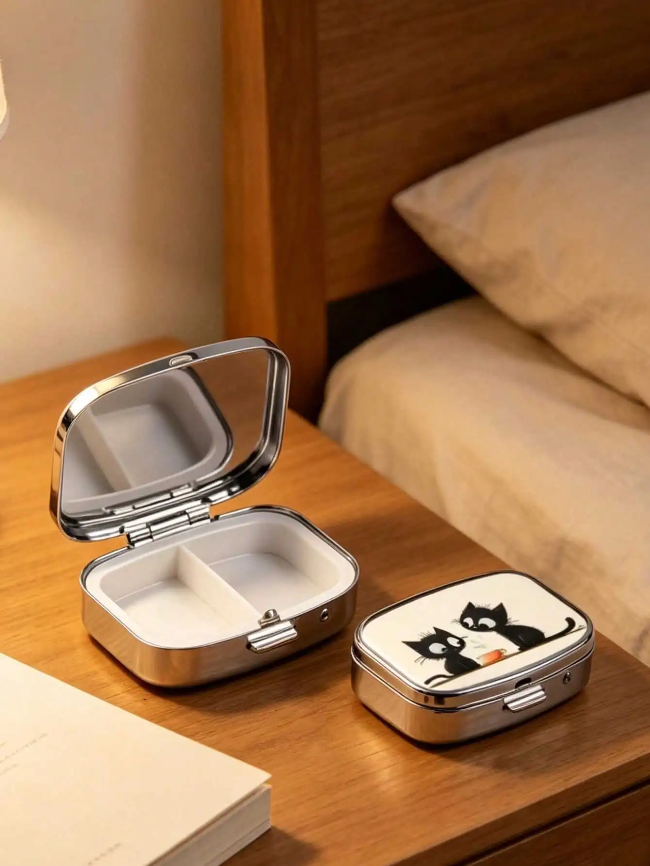 Cute Cat-Shaped Pill Box With 2 Compartments, Portable And Durable, Made Of Metal, For Storing Vitamins And Nutritional Supplements, Mini Pill Box, Ideal For Home And Portable Storage