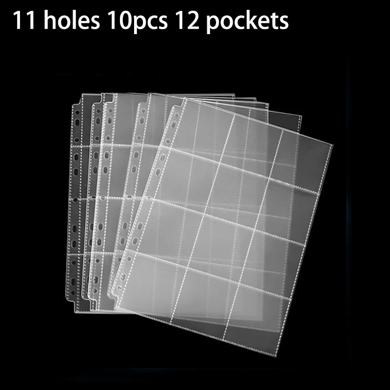 

11 Holes 10pcs 12 Pockets Loose-leaf Card Booklet Pages 58mm Buckie Badge Inserts Square Card Compartment PP Replacement Pages