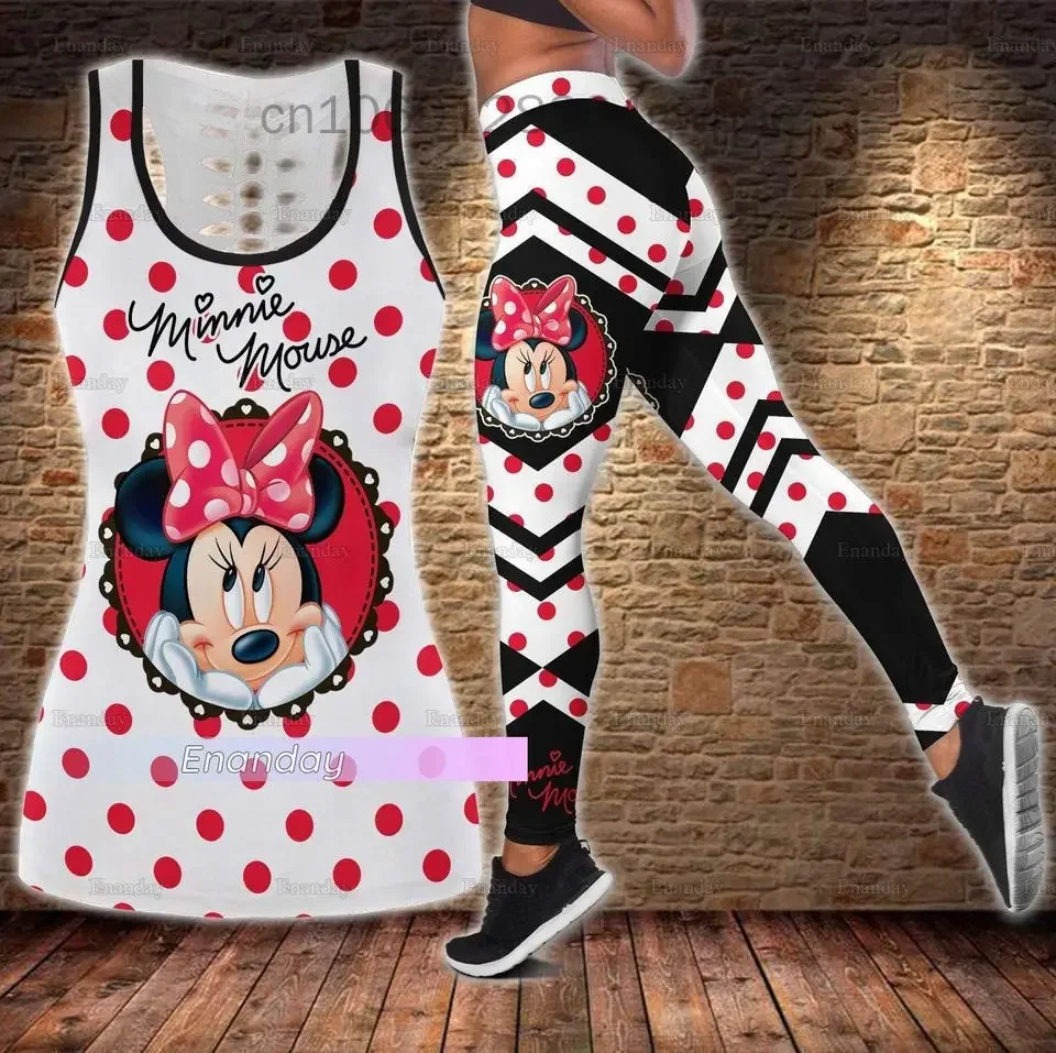 Disney Minnie Mickey Women\'s Hollow Vest Women\'s Leggings Yoga Suit Fitness Leggings Sports Suit Tank Top Legging Set Outfit