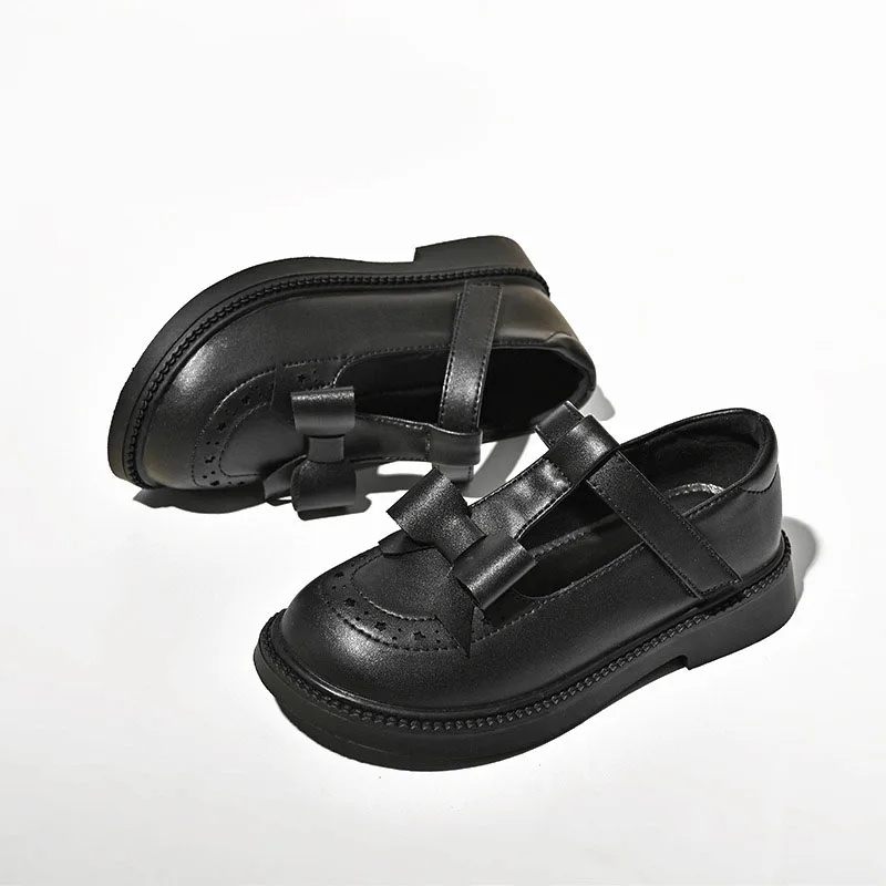 Student Shoes For Girls Princess Bow Tee With Non-slip Black Leather Shoes Children Microfiber School Shoes