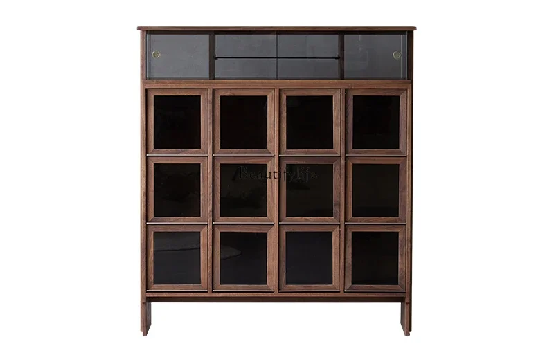 Solid wood display cabinet retro black walnut living room storage cabinet