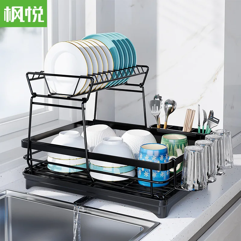 

Amazon disassembling dish rack kitchen household double black cup rack multifunctional drain bowl rack