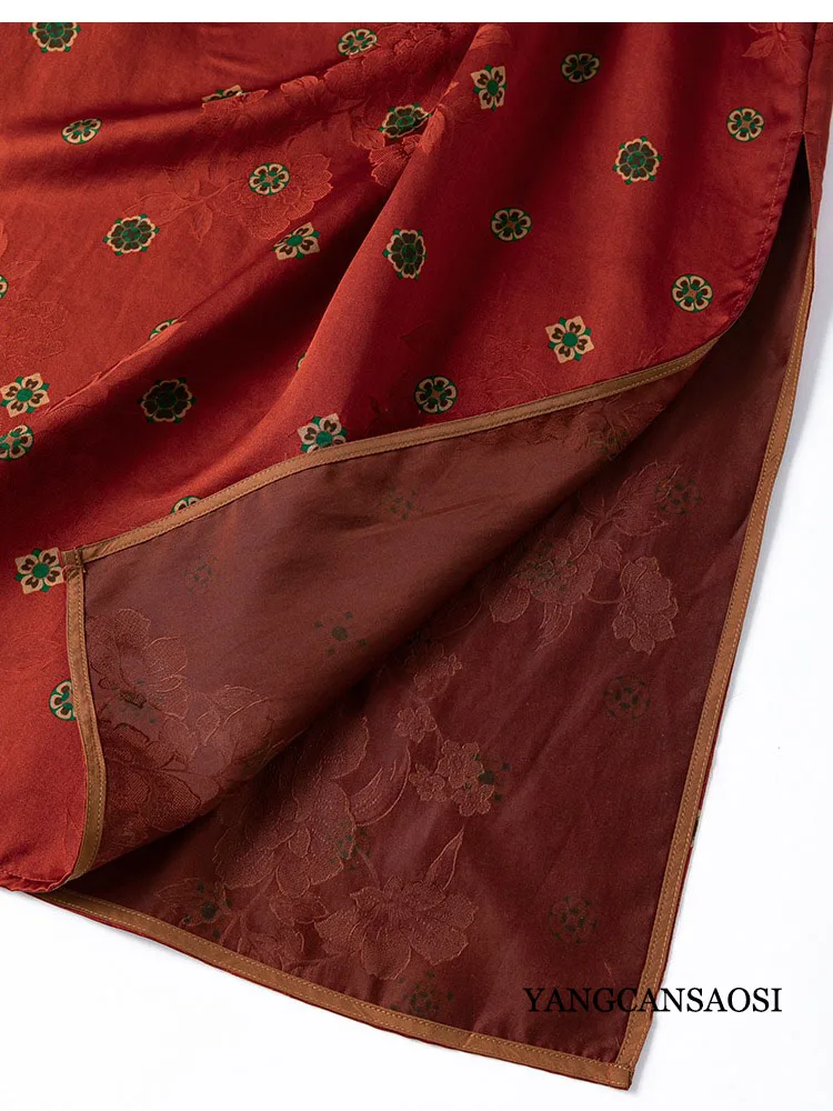 여성 패션 의류 우아한 다크 레드 100% 천연 뽕나무 실크 갬비어드 광둥 거즈 스탠드 칼라 슬림 핏 드레스