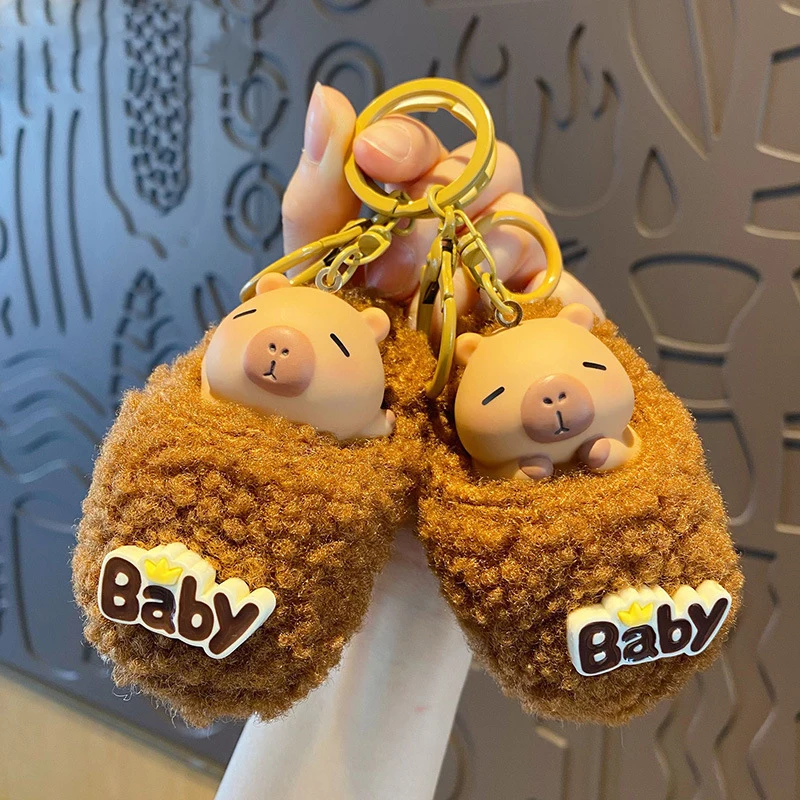 Cartoon Both Hands Hold Cheek Thinking Kapibala Keychain Cute Soft Fluffy Baby Sleeping Bag Flat Lay Capybara Doll Key Chains