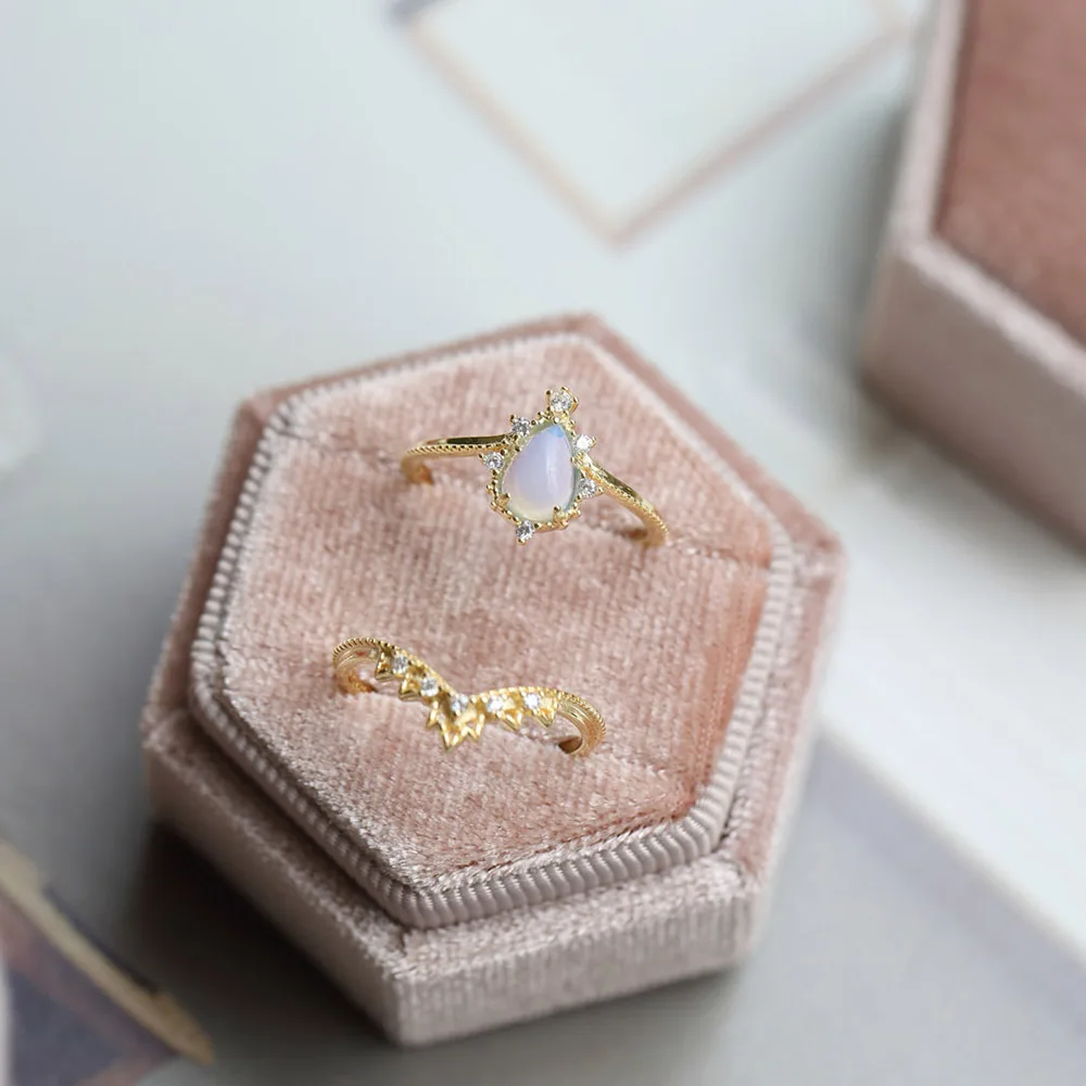 LAMOON 925 Silver Ring Water Drop Synthesis Opal Vintage Crowm Lace Zircon 14K Gold Plated Fine Jewelry Cocktail Party LMRI101