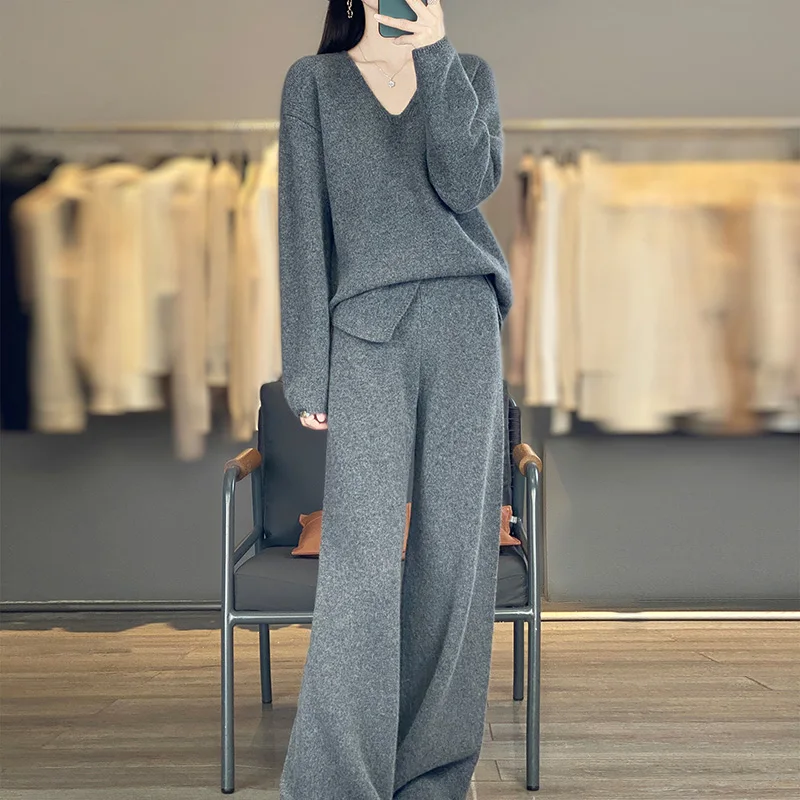 Women 100% Wool Set V-neck Pullover Wide Leg Pants Spring Autumn Winter Wool Sweater Side Slit Knitwear Trousers Two-piece suit