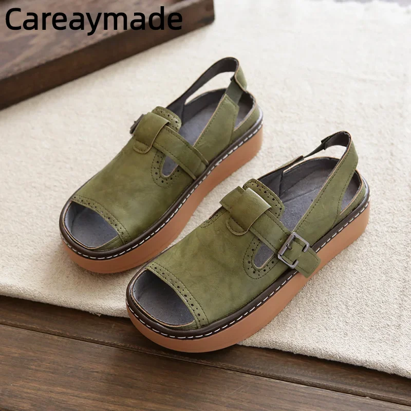 Careaymade-Summer women's sandals retro literature art,hand sewn thick soled fish mouth fairy shoes,comfortable women's shoes