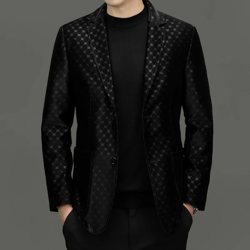 Gentleman Sheepskin Blazers For Men Genuine Leather Suit Jackets Spring Quality Smooth Comfortable All Match Black Blazer Hombre