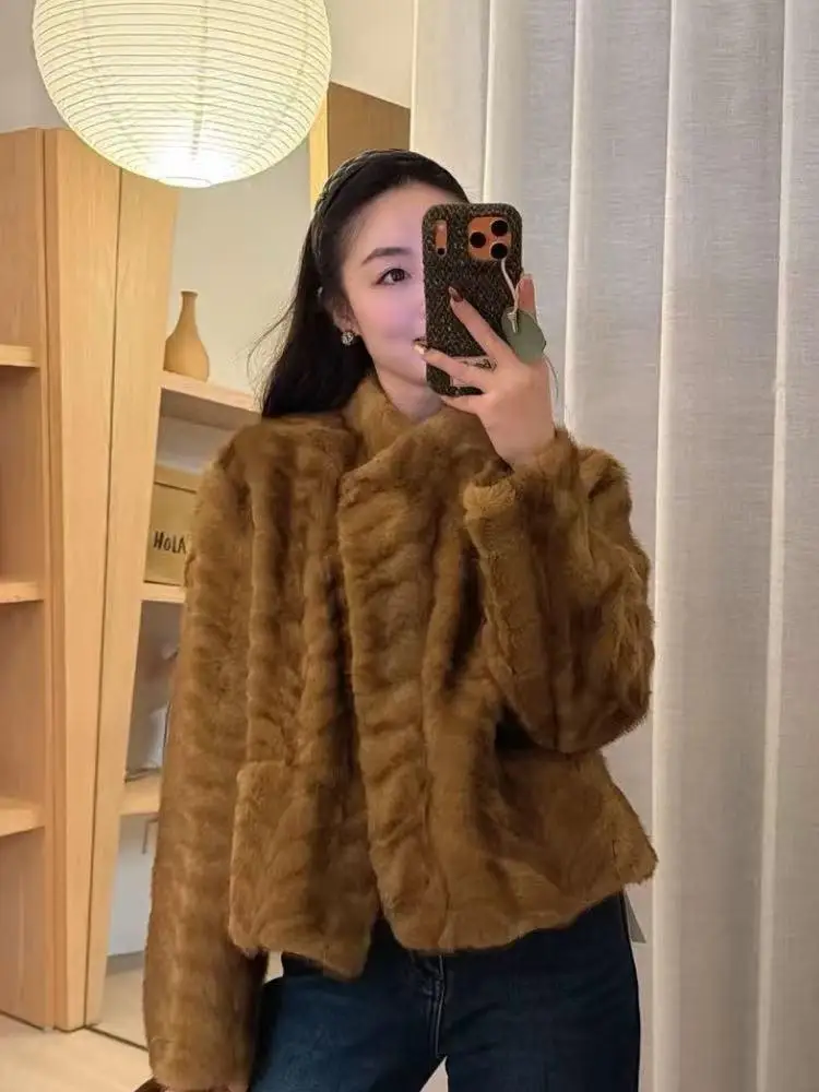 

Premium Golden Le Mink Loose Warm ort Fur Leather Jaet Women's Winter eepskin Coat Sli Commute Straight Cut Long ...