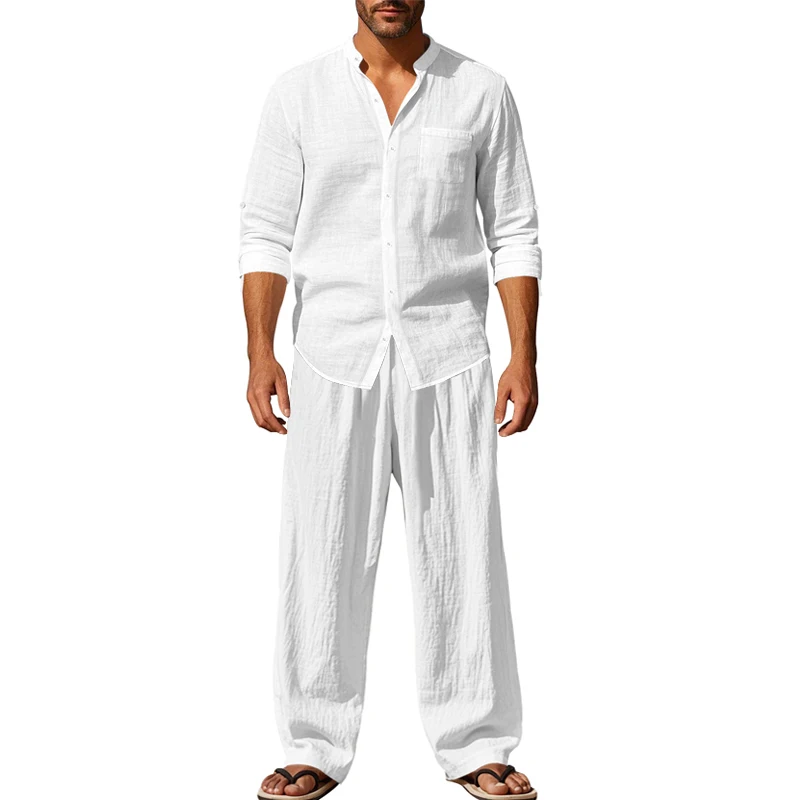 

Linen men's new casual loose and breathable long-sleeved long-pants shirt beach set