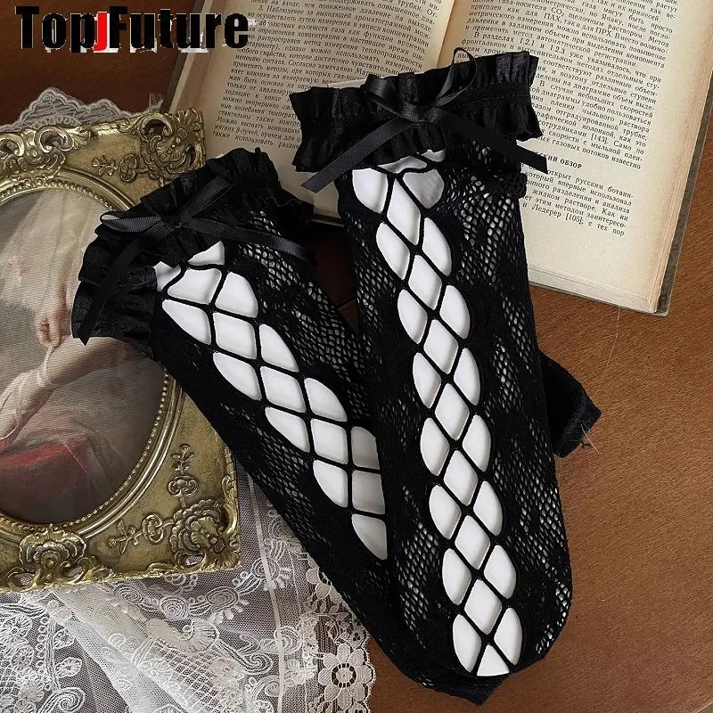 Gothic Lolita Socks Women Lace Ruffle Stockings Uniform Over knee Strap Stacked Flared Bandage Leg Warmers Punk Spike Leg Ring