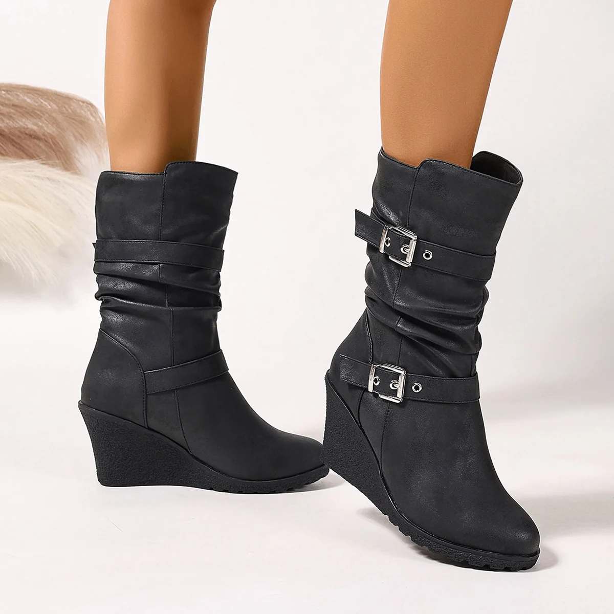 Adjustable Buckle One Foot Stirrup Round Toe Sloping Heel Fashionable Comfortable and Versatile Women's Mid-Calf Boots