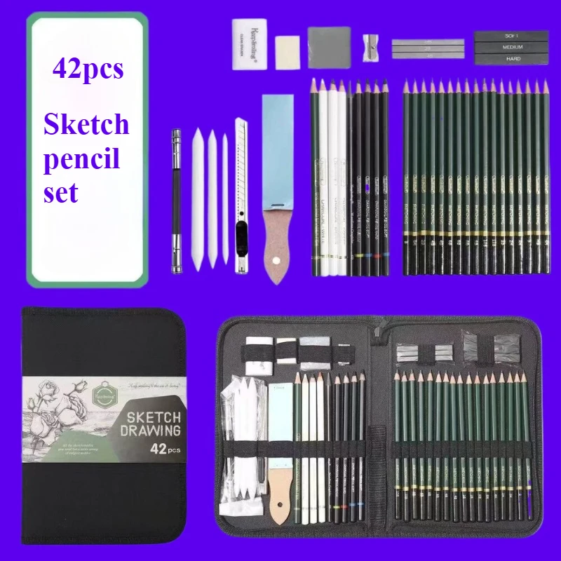 42/75pcs Sketch Pencil Set 6H-12B Pencil Charcoal Eraser for Sketch Shadow Outdoor Sketch Suitable Beginner Artists Art Supplies