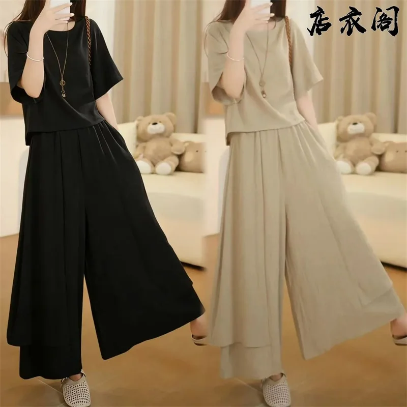 Summer Women Short Sleeved Pantalons Outfit Spring Female Large Size 5xl Top Pants Korean Ladies Loose Wide Leg Skirt Pants 2pcs