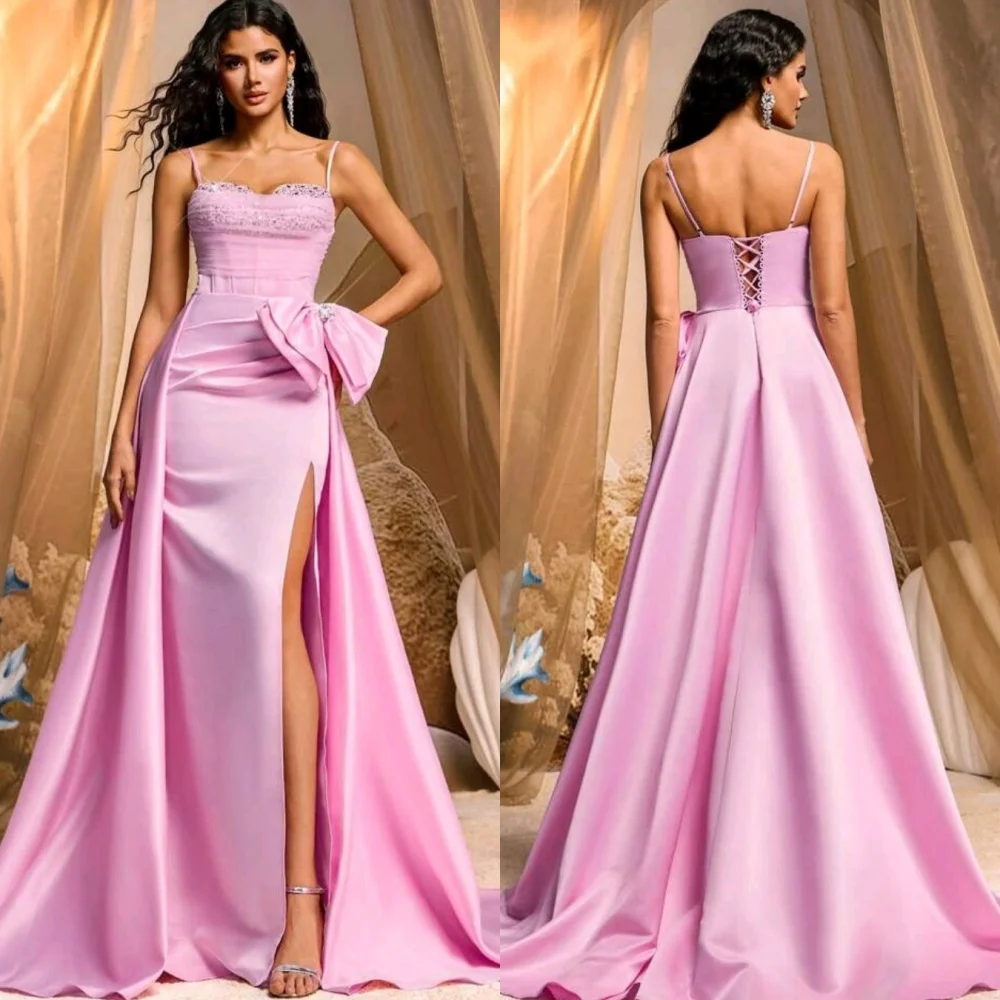 

Customized Exquisite Classic Charmeuse Sequined Rhinestone Bow Sheath Spaghetti strap Long Dresses Bespoke Occasion Dresses