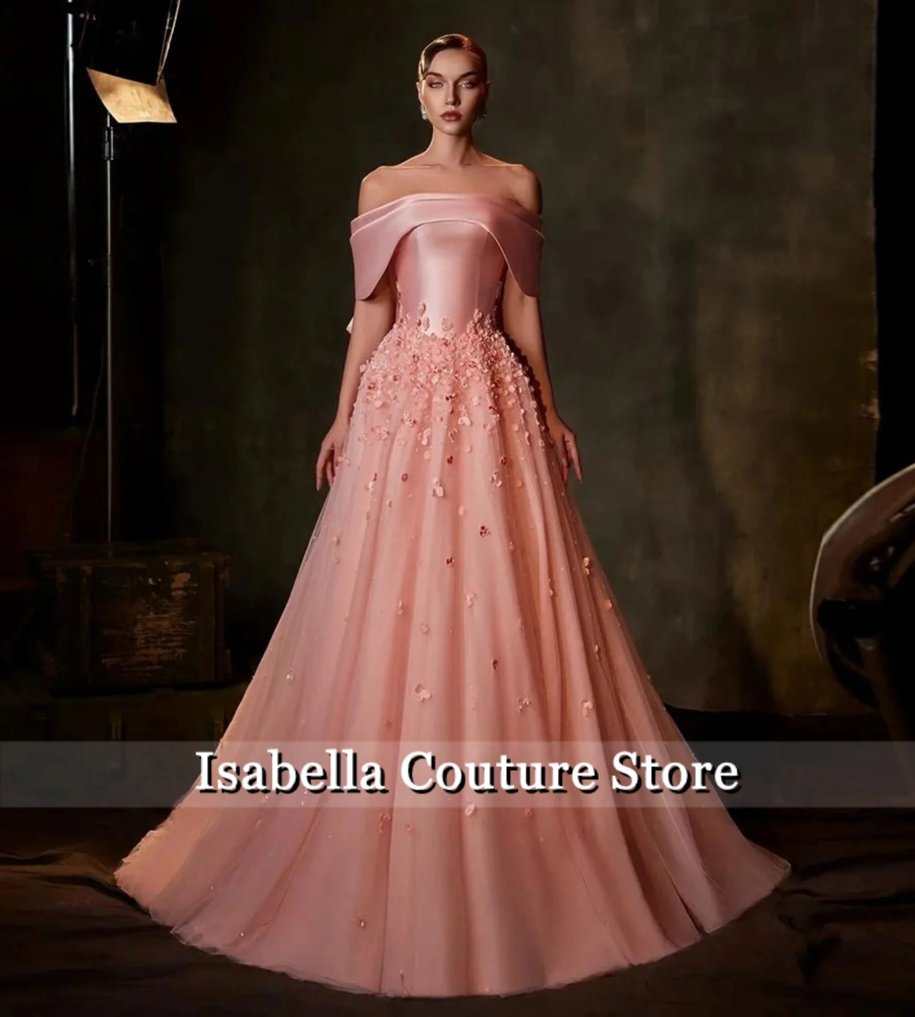 

Pink Off Shoulder 3D Flower Luxury Women's Evening Dresses 2025 Aline Wedding Gown Saudi Arabia Long Dress Vestidos Customized