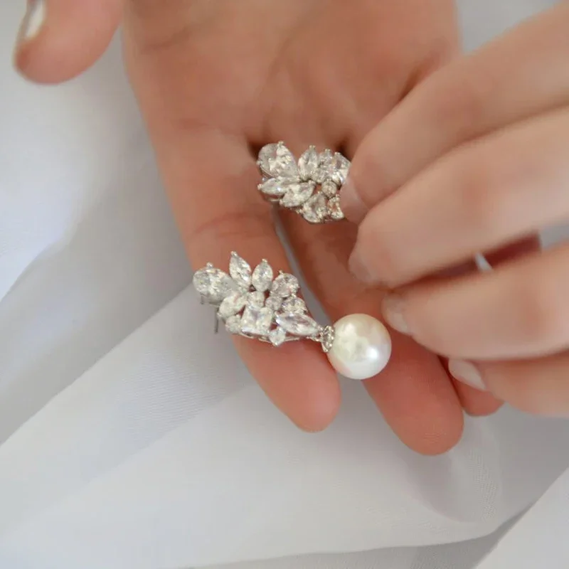 Huitan Bridal Wedding Earrings Brilliant CZ with Imitation Pearl Silver Color Bling Bling Drop Earrings for Women Trendy Jewelry