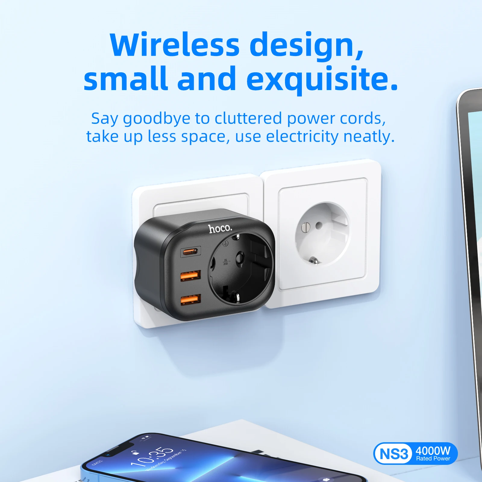 Hoco 18W Multifunctional EU Plug Adapter with USB & Type-C Ports