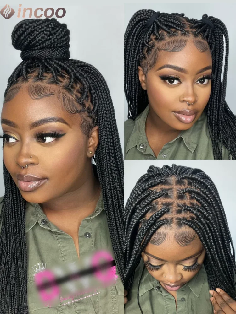

36" Synthetic Braided Wigs For Black Women Full Lace Knotless Box Braids Hair Lace Front Wigs Braid African For Daily Use