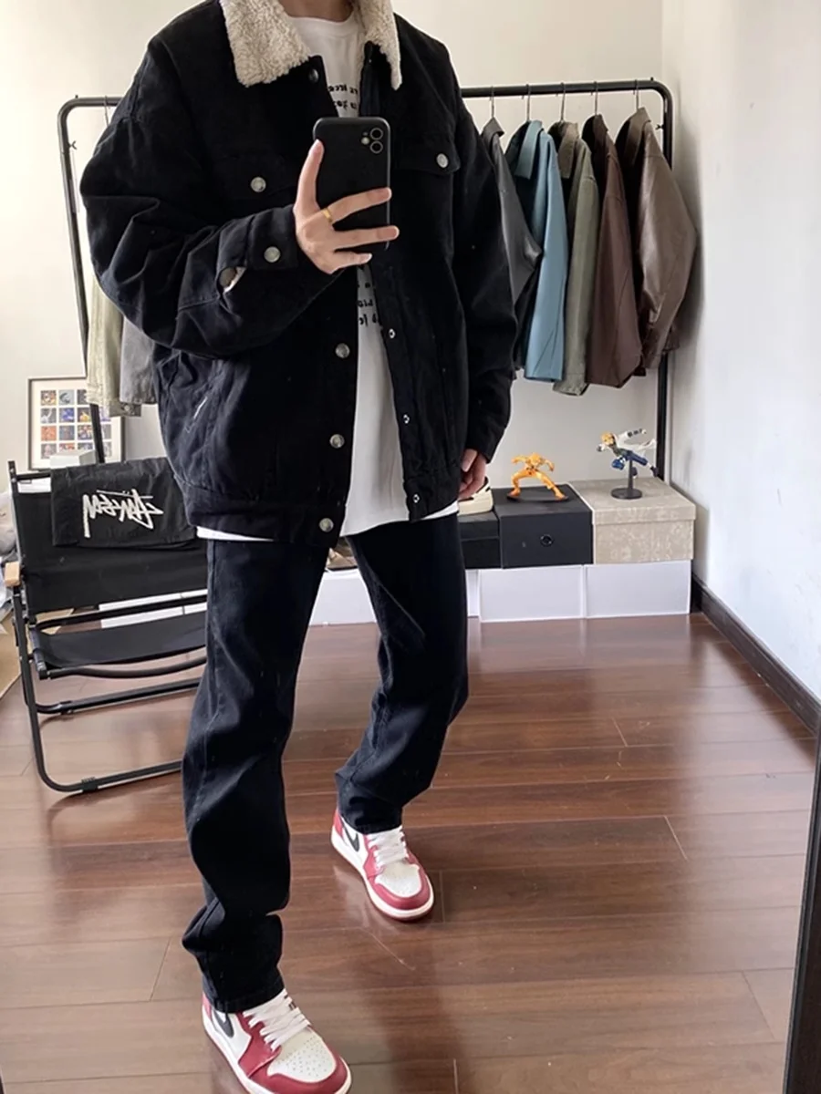 

Warm Lamb Velvet Collar Denim Cotton Jaet for Men Trendy Brand Cleanfit Bla Fce Lined Cotton Coat Outerwear