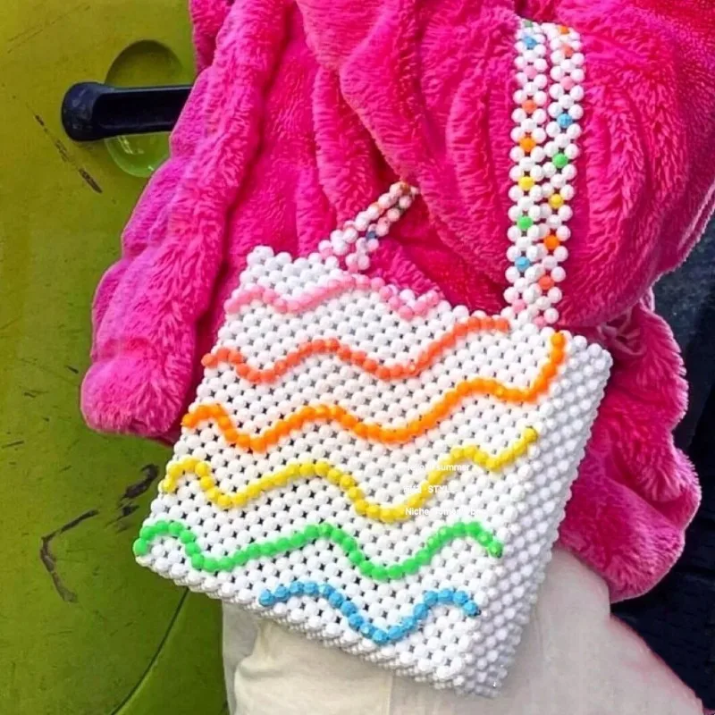 

Fashion Colorful Acrylic Shoulder Beaded Bags New Summer Versatile Rainbow Design Woven Women's Handbag Customized Crystal Bag