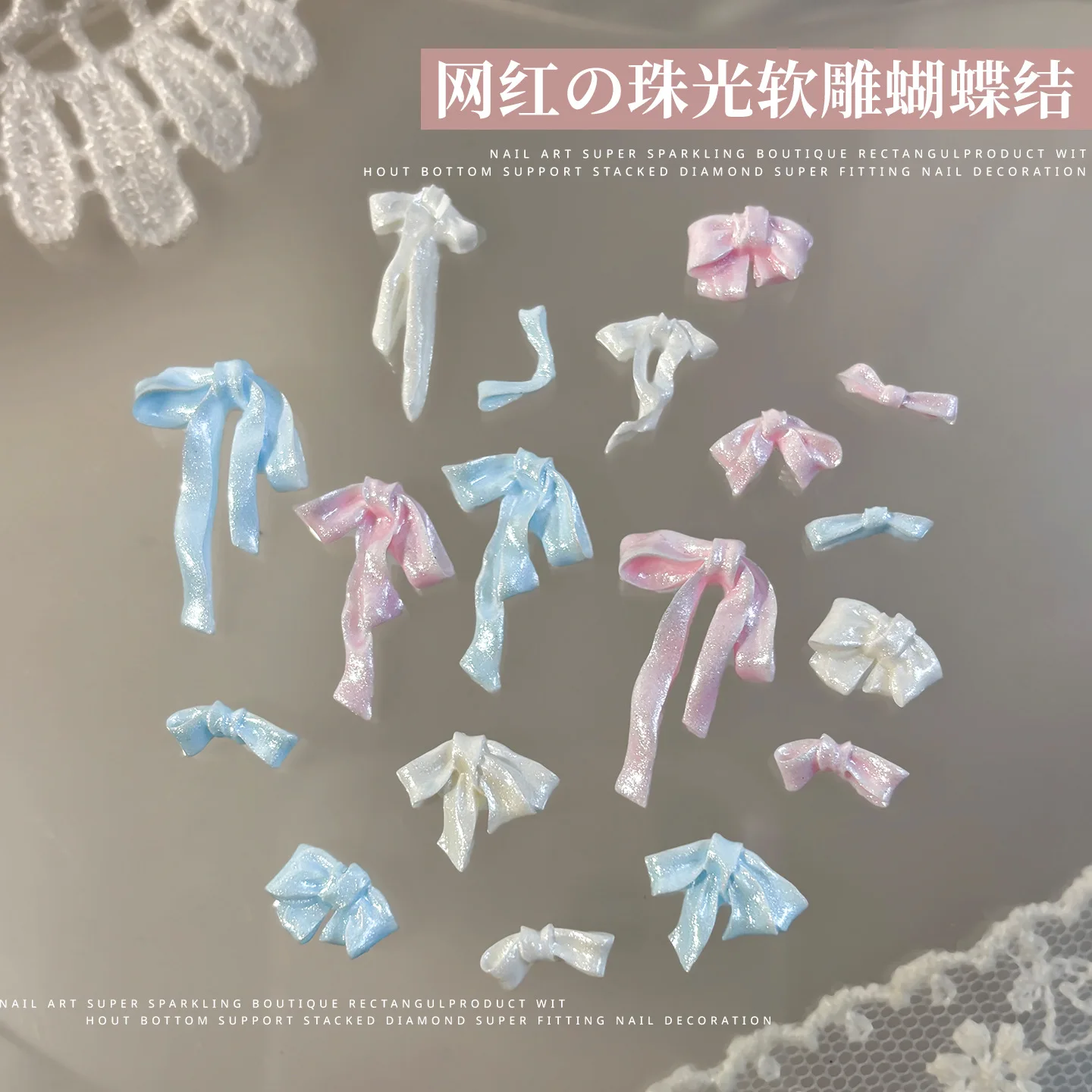 Nieuwe zachte gesneden strik nagelaccessoires gemengd roze blauw lint stropdas nageldecoraties