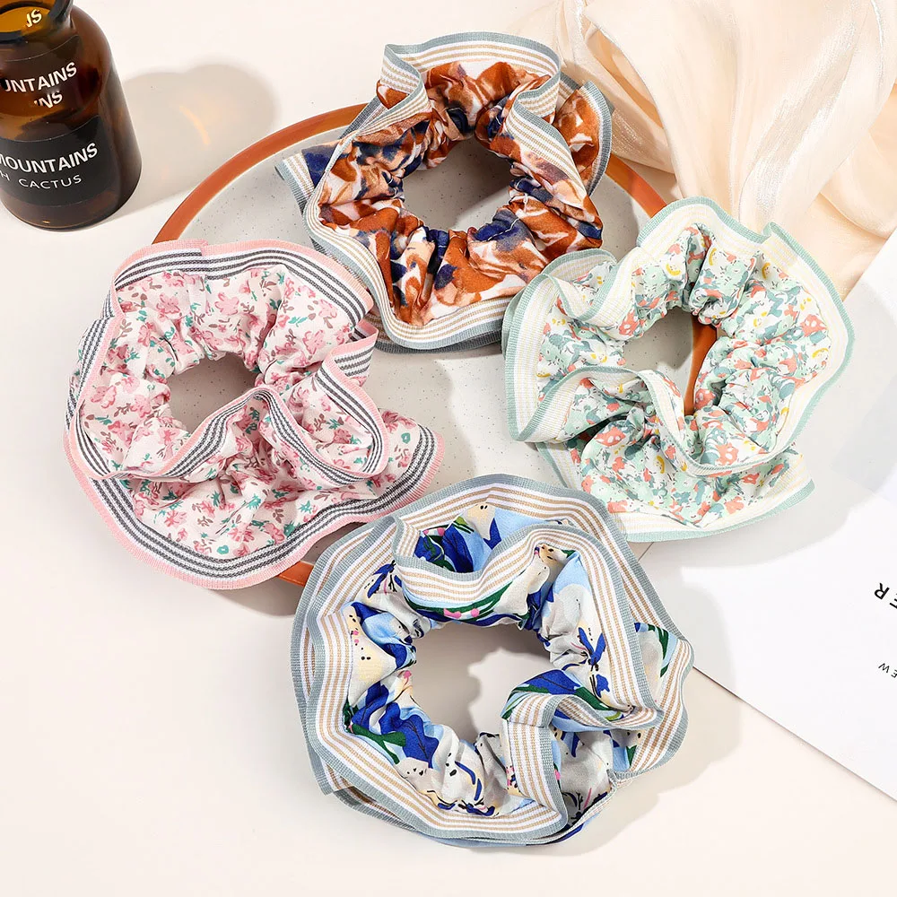 Sweet Flower Fabric Large Scrunchie Fashion Simple Temperament Striped Edge Floral Scrunchie Hair Accessories