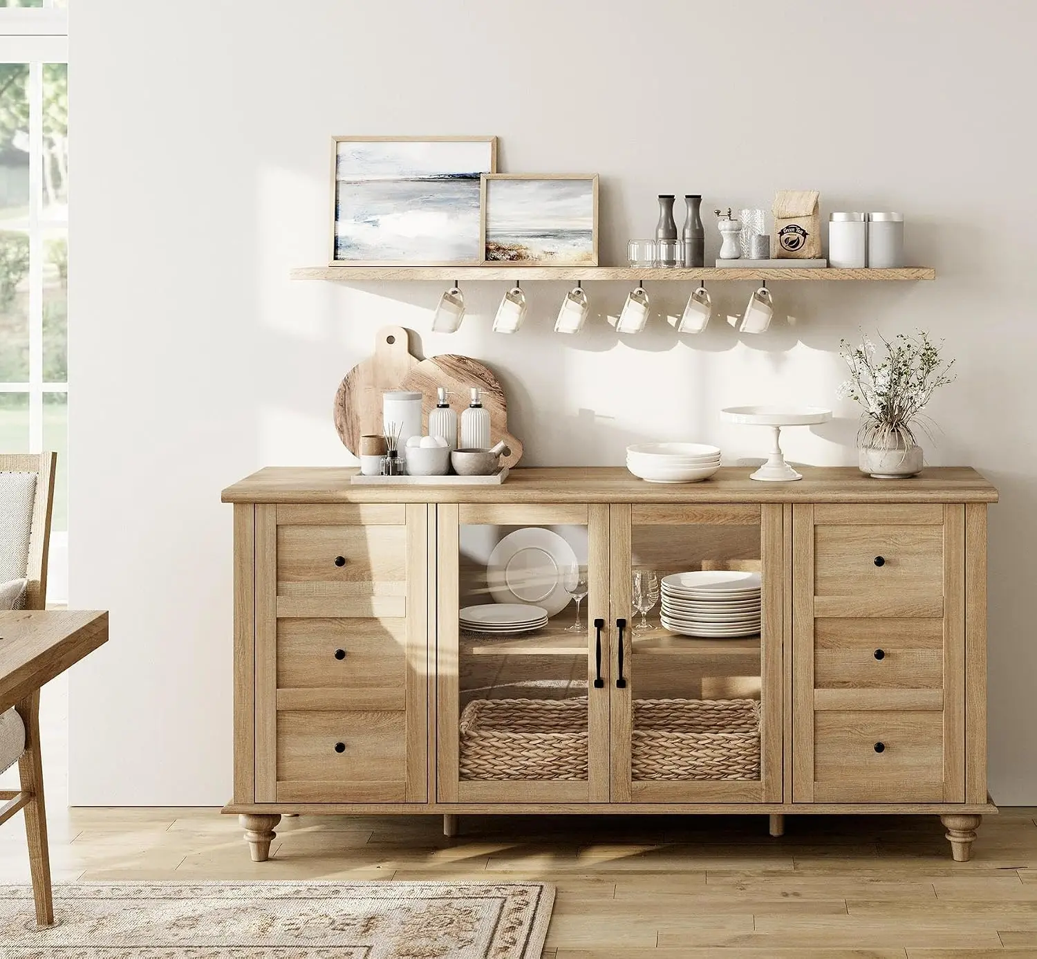 Farmhouse Buffet Cabinet with Glass Door, Wooden Sideboard, Oak, 58”