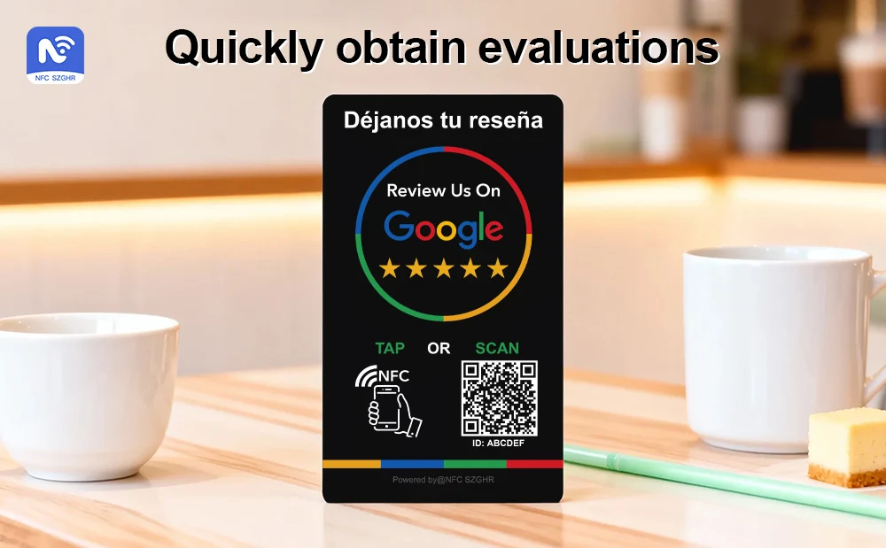 Spanish English QR Code NFC Standing Sign Google Review NFC215 Review Stand Click URL Unlimited Modification Editing QR Codes