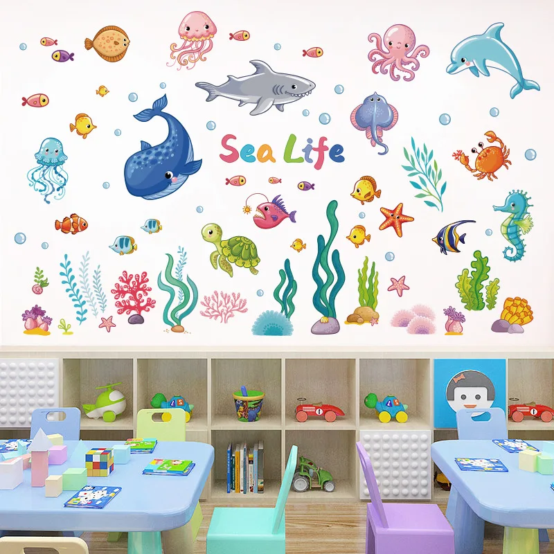 

Cartoon Marine Life Wall Stickers for Kids room Bathroom Wall Tile Decals Octopus Sea Turtle Fish Wall Posters Home Decoration