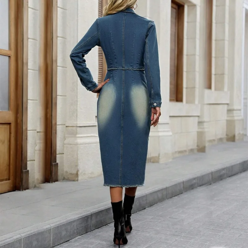 Benuynffy Women's Long Sleeve Do old Washed Denim Dress 2025 Autumn Button Front High Waist Casual Raw Hem Split Long Dresses
