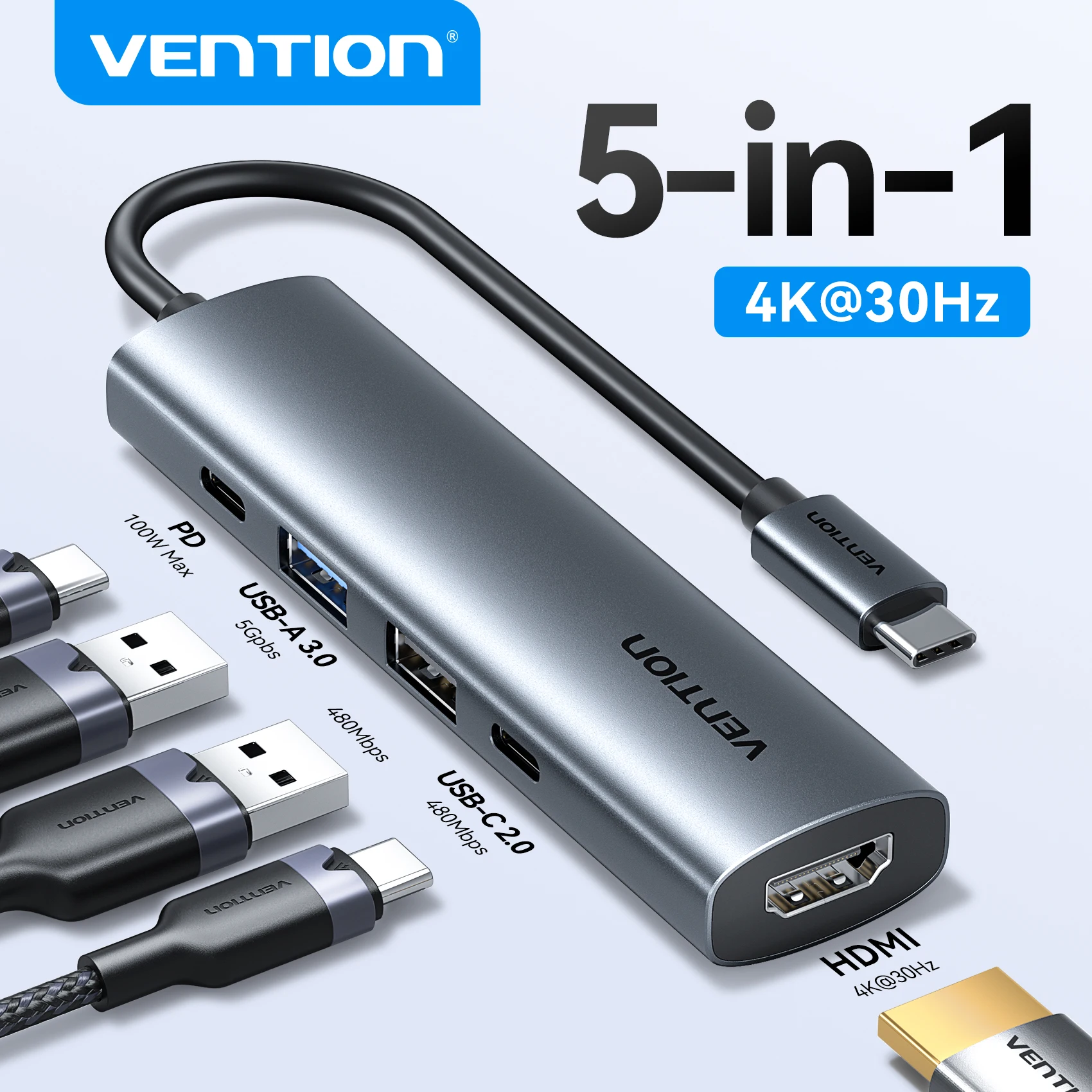 Vention 5 in 1 USB C Hub 4K HDMI USB HUB 100W Multiport Adapter for MacBook Pro/Air Laptop iPhone 16 15 USB 3.0 Docking Station