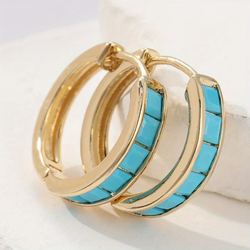 Synthetic Blue Square Turquoise Cute Hoop Earrings for Women Korean Fashion Circle Geometric Huggie Men Women Jewelry Christmas
