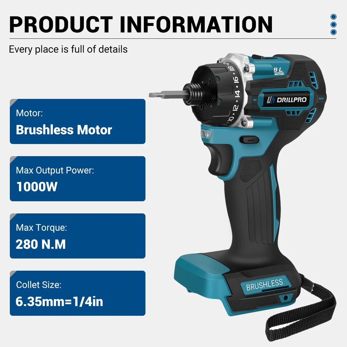 Drillpro 1/4 cala 20 + 1 moment obrotowy bezszczotkowy elektryczny wkrętak bezprzewodowy wiertarka elektryczna elektryczny 280N.m do akumulatora Makita 18v