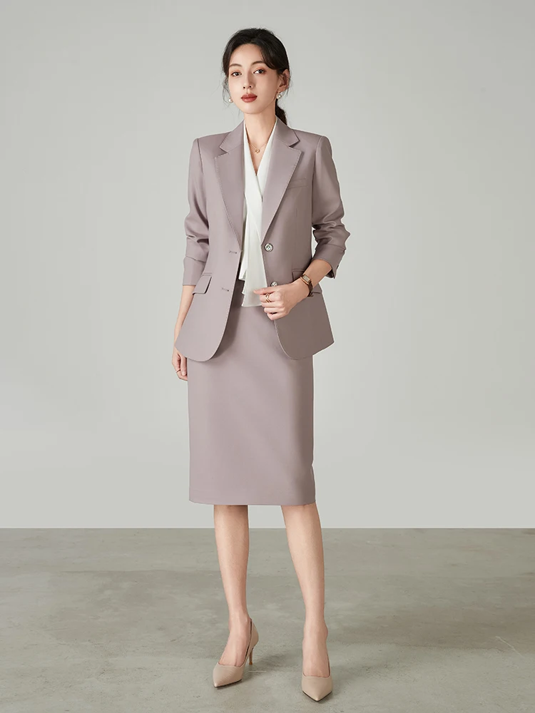 

Пастельный фиолетовый женский костюм с юбкой, комплект для поездок на работу, профессиональная юбка с запахом юбки, комплект из двух предметов Fem
