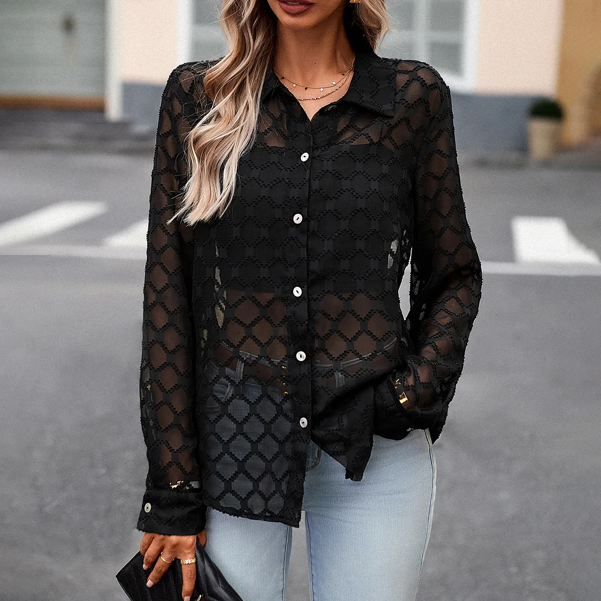 

Transparent Jacquard Shirt for Women Autumn Turn-down Neck Temperament Sexy Long-sleeved Top Hollow Out Black Fashion Tops