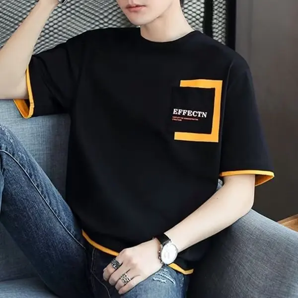 Loose Short Sleeve T-Shirt Men's Summer New Style Cotton Sweatshirt Youth Fashion Printed Geometric Pattern Pocket Design