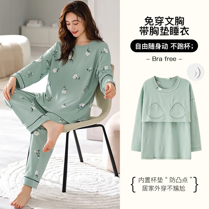 Big Size M-5XL Women Pajamas Set Spring Autumn Knited Cotton Pyjamas With Chest Pad Women Floral Printing Long Sleeve Sleepwear