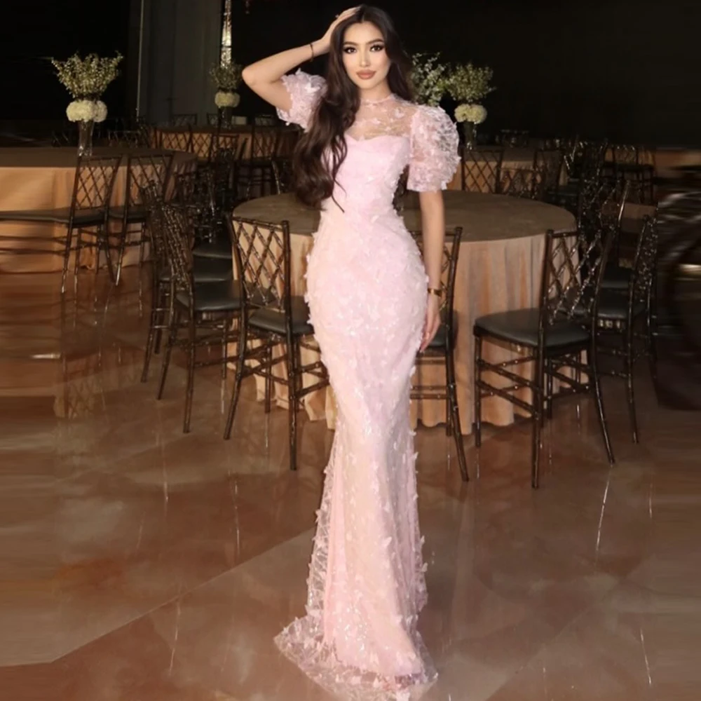 

Charming Mermaid Evening Dress Romantic Crew Neck Puff Sleeves Customized Celebrity Gowns Dreamy Butterfly Tulle Party Gown